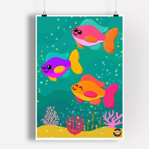 Impression sous la mer pour chambre de bébé, cadeau de Noël coloré pour enfants, affiche d'art mural poissons tropicaux pour chambre d'enfants