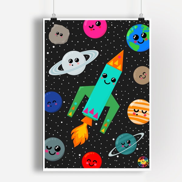 Space Print for Nursery with Solar System Planets & Rocket for Baby or Toddler Room