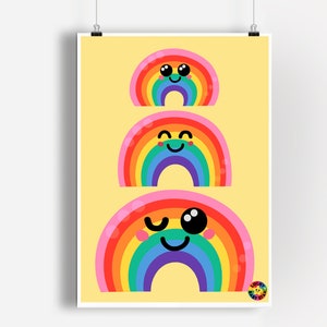 May include: A yellow background with three rainbow arches stacked on top of each other. Each rainbow has a cute cartoon face with eyes, a mouth, and blush. The bottom rainbow has a wink.