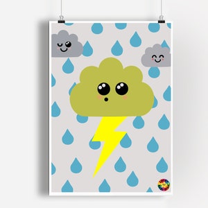 Stampa di nuvole per la cameretta neutra dei bambini o per la cameretta dei ragazzi, graziosi regali a tema meteo per bambini.
