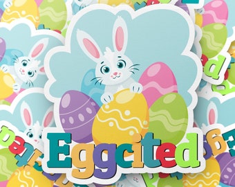 Adesivo coniglietto pasquale Eggcited, adesivo pasquale, adesivo festivo, adesivo festa di Pasqua primaverile, adesivo per bambini, regalo di Pasqua, divertente adesivo pasquale