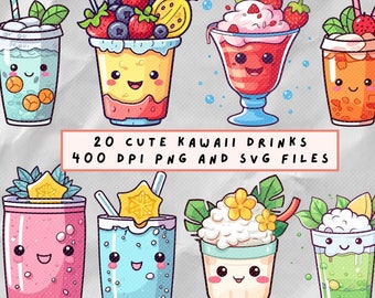 20 Cute Kawaii drinks, 400 dpi transparent png and svg files for commercial usage