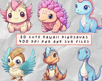 20 Cute Kawaii Dinosaurs, 400 dpi transparent png and svg files for commercial usage