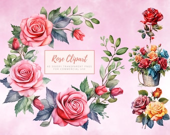 Watercolor Roses Clipart - different colored roses, bouquets, wreaths, frames and rose buckets, transparent png files for commercial usage