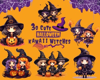 30 bruxas fofas de Halloween do Kawaii, arquivos png e svg transparentes de 400 dpi para uso comercial, clipart de adesivos, clip art.