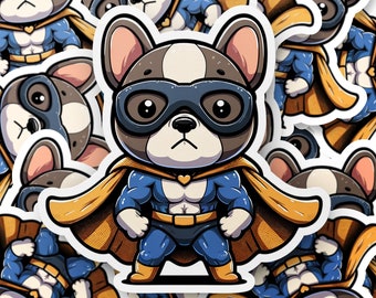 Adesivo de buldogue francês com tema de super-herói, adesivo de Frenchie legal, adesivo de amante de Frenchie, adesivo de garrafa de água, adesivo de laptop, adesivo de diário