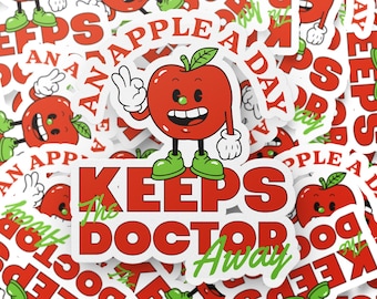 Een appel per dag, houd de dokter weg, coole retro appelmascottesticker, grappige sticker, retro mascottesticker, laptopsticker, dagboeksticker