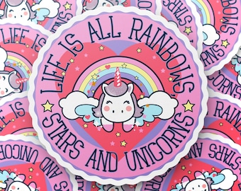 A vida é toda sobre arco-íris, unicórnios e estrelas, adesivo de unicórnio fofo, adesivo engraçado, adesivo adorável para laptop, diário, garrafa de água e