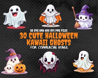 30 fantasmas fofos de Halloween do Kawaii, arquivos png e svg transparentes de 400 dpi para uso comercial, clipart de adesivos, clip art.