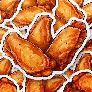 May include: A close-up of several crispy, golden brown chicken wings, arranged in a pattern. The wings are depicted as stickers, with a white outline around each wing.