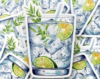 Aquarel gin-tonic cocktailsticker, dranksticker, cocktailsticker, cocktailsticker, dagboeksticker, laptopsticker, cadeausticker