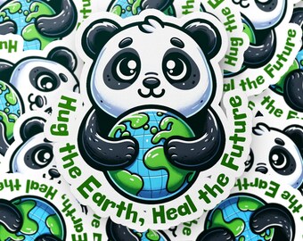 Abrace a terra, cure o futuro, adesivo de panda fofo, adesivo de panda kawaii, adesivo de planeta terra, adesivo de laptop, adesivo de garrafa de água