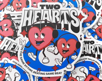 Dois corações, adesivo de mascote de coração retrô, adesivo de dia dos namorados, stiver de amantes, adesivo de amor, adesivo de estilo de mascote retrô, adesivo de estilo dos anos 90