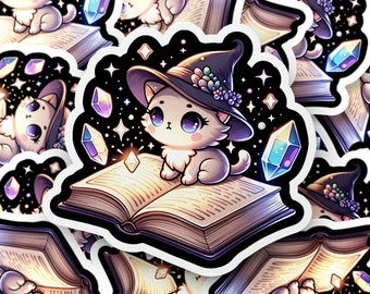 Cute magician cat sticker, books and cats sticker, kawaii wizard cat sticker, water bottle sticker, laptop sticker, journal sticker, cool