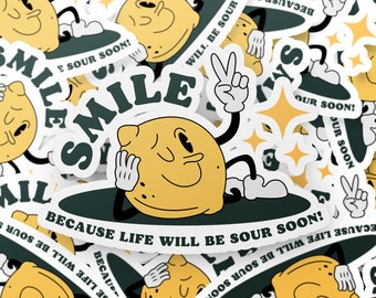 Adesivo sarcástico de mascote de limão retrô, humor azedo, adesivo de limão, mascote retrô, adesivo de humor negro, adesivo de laptop, adesivo de garrafa de água