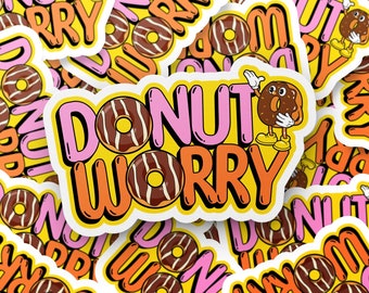Preocupação com donuts, adesivo de donut divertido e brincalhão, adesivo retrô de mascote de donut, adesivo legal, adesivo engraçado, adesivo para laptop, adesivo de diário, épico