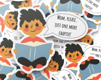 Mãe, por favor, só mais um capítulo, adesivo infantil, adesivo de leitor ávido, adesivo de menino, adesivo de amante de livros, adesivo de diário, adesivo de álbum de recortes