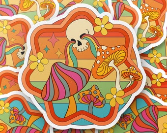 Adesivo retrô de caveira, adesivo de cogumelo, adesivo de flor, adesivo dos anos 60, adesivo hippie, adesivo psicodélico, adesivo para laptop, adesivo para presente