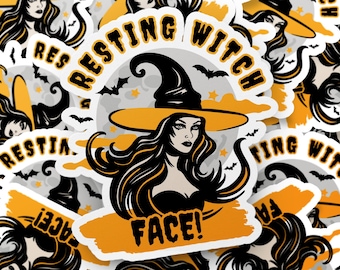 Adesivo de bruxa, adesivo de halloween, adesivo de trocadilho, adesivo engraçado, adesivo de rosto de cadela descansando, adesivo de morcego, adesivo de lua, adesivo de laptop