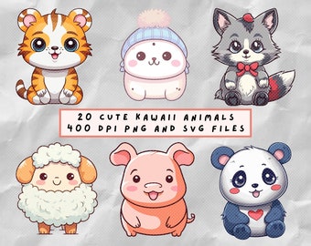 20 Cute Kawaii animals, 400 dpi transparent png and svg files for commercial usage