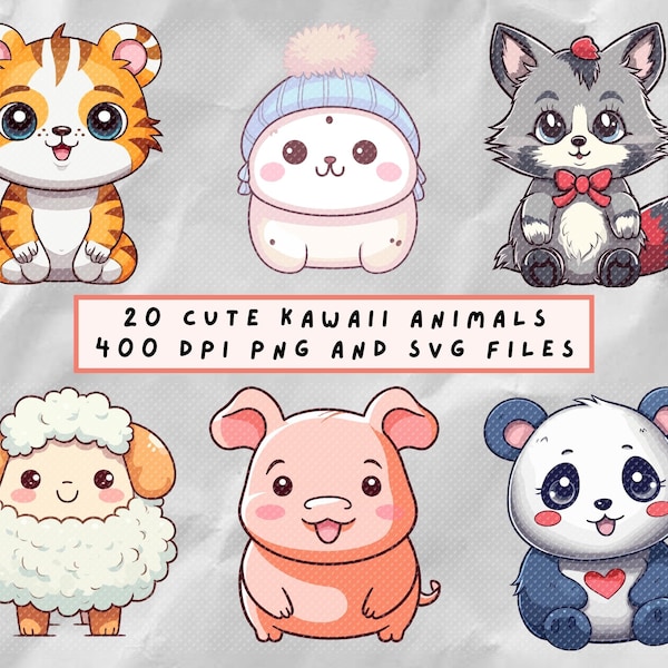 20 Cute Kawaii animals, 400 dpi transparent png and svg files for commercial usage