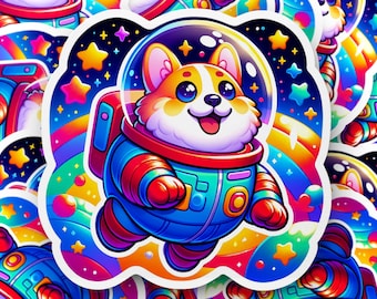 Corgi in de ruimte, kleurrijke en levendige hondensticker, corgi oudersticker, kindersticker, laptopsticker, waterflessticker, dagboeksticker