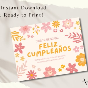 Cartão de aniversário floral espanhol, cartão para impressão de aniversário espanhol, cartão para impressão Feliz Cumpleaños, download instantâneo