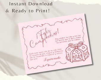 Pink Feliz Cumpleaños Card, Spanish Printable (Digital Download)