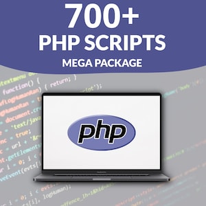 May include: A laptop computer with a white screen displaying the PHP logo. The laptop is on a grey background with code text in various colours.