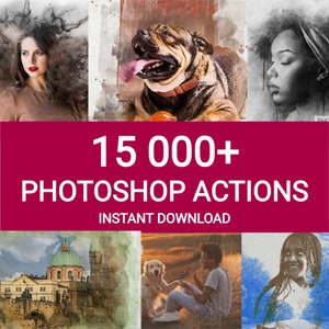May include: A collage of images featuring a woman, a dog, a building, a person, and a woman. The images are all in a watercolour style. The text "15 000+ Photoshop Actions" is displayed in white on a red background. The text "Instant Download" is displayed in white on a red background.