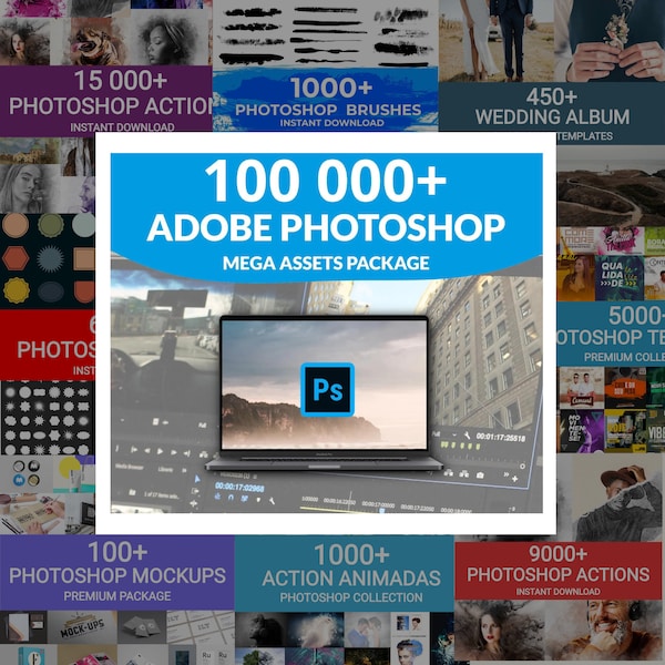Ponad 100 000 zasobów premium dla grafików Adobe Photoshop Mega Package Akcje Pędzle Makiety Szablony Kształty Natychmiastowe pobieranie