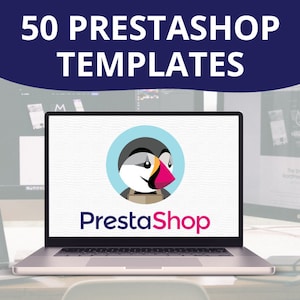 May include: A laptop computer displaying the PrestaShop logo, which features a cartoon puffin wearing a box on its head. The text "50 PrestaShop Templates" is displayed above the laptop.