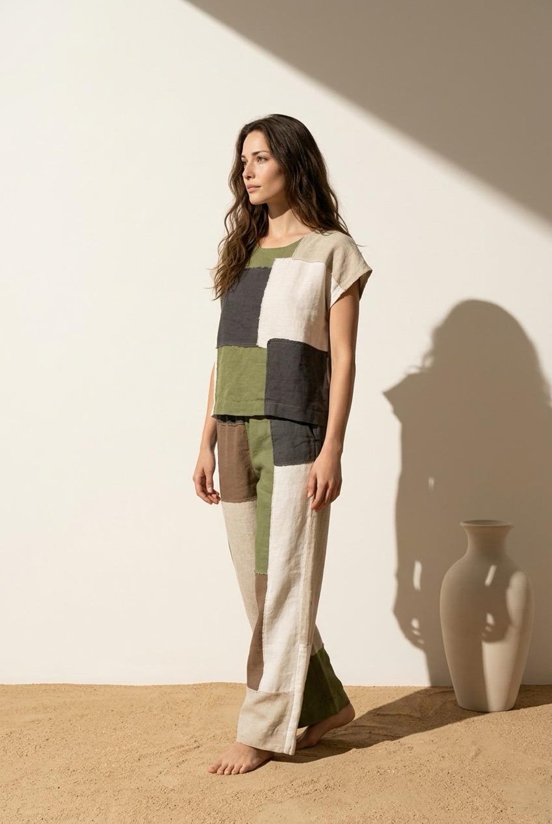 Handmade Patchwork Linen Top for Women / Artisan Linen Tee With Raw ...
