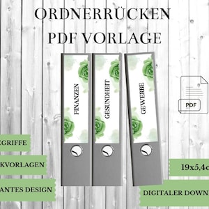 Könnte beinhalten: Drei graue Ordner mit Etiketten mit der Aufschrift "Finanzen", "Gesundheit" und "Gewerbe". Die Etiketten haben ein grünes Blumendesign. Die Ordner sind 19 cm x 5,4 cm groß. Das Bild enthält auch den Text "PDF Vorlage" und "Digitaler Download".