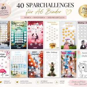 Könnte beinhalten: Eine Sammlung von 40 Spar-Challenge-Karten für A6-Ordner mit verschiedenen Motiven wie Winter, Wasserwelt, Liebe, Bienen, Goldregen, Hochzeit, Flamingo, Karibik, Herbst, Elfen, Date und Einhorn, inklusive Feldern zur Verfolgung von Sparzielen.