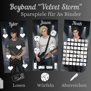 Könnte beinhalten: Drei illustrierte Karten mit einer Boyband namens "Velvet Storm". Jede Karte zeigt ein anderes Bandmitglied: Tyler, Jason und Noah. Die Karten enthalten Würfel, Herzen und andere Spielelemente. Der Text auf den Karten enthält "Losen", "Würfeln" und "Abstreichen."