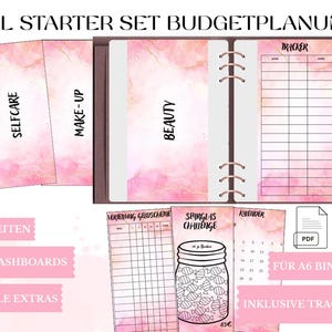 May include: A pink and white planner set with the text "XXL STARTER SET BUDGETPLANUNG". The set includes pages labeled "SELFCARE", "MAKE-UP", and "BEAUTY". Additional pages feature a tracker, calendar, and jar graphic. The set is designed for A6 binders.