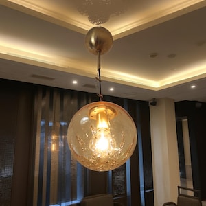 Hanging chandelier, original Murano La Murrina 1960s sphere glass pendant with brass inlays, Italian vintage Murano lighting