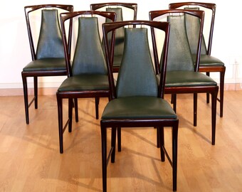 Set of 6 mid-century chairs by Osvaldo Borsani, Atelier Borsani Varedo, mahogany, rosewood, leather, and brass, Italy, 1950s