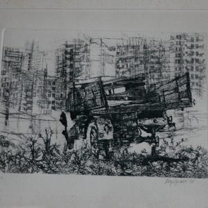 Acquaforte italiana d'epoca: Renzo Vespignani, Camion in periferia, 1956 - Firmata e numerata