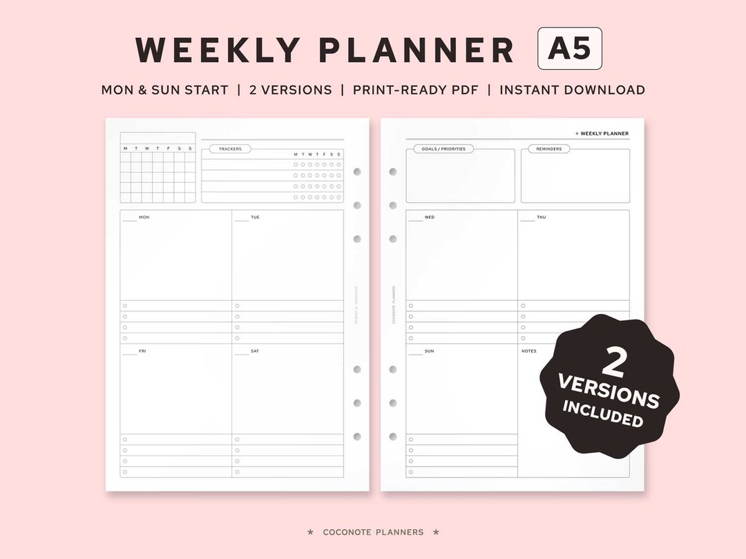 Weekly Planner A5 Inserts Printable for Planner Inserts Print-ready PDF ...