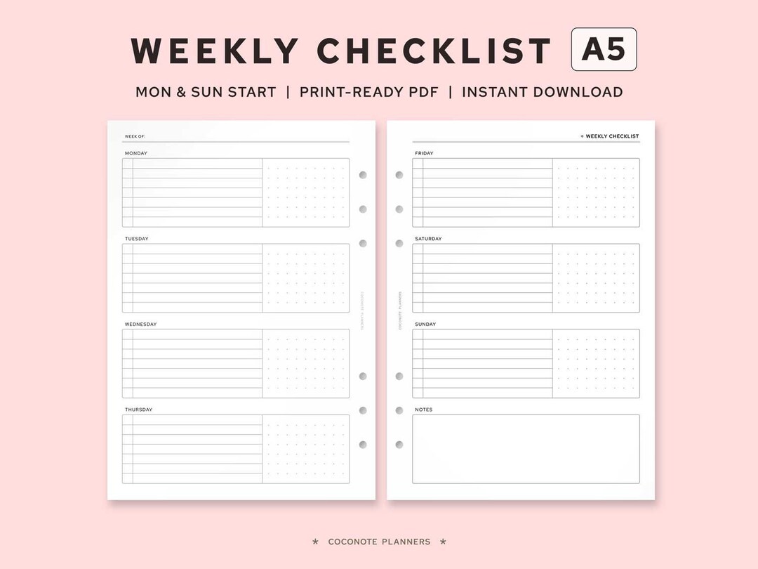 Weekly Checklist A5 Inserts Printable for Planner Inserts Print-ready ...
