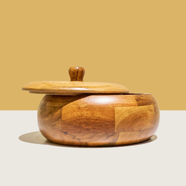 Wooden Casserole or Bowl with Lid | Round Hot Pot, Roti Dabba with Lid - Size (22 x 22 x 11cm) Storing Chapati | Handnart