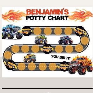 Puede incluir: Un gráfico de orinal con temática de camiones monstruo, que mide 28 cm de ancho y 21,6 cm de alto. El gráfico presenta una pista con círculos de recompensa, ilustraciones de camiones monstruo y el texto "BENJAMIN'S POTTY CHART" y "YOU DID IT!"