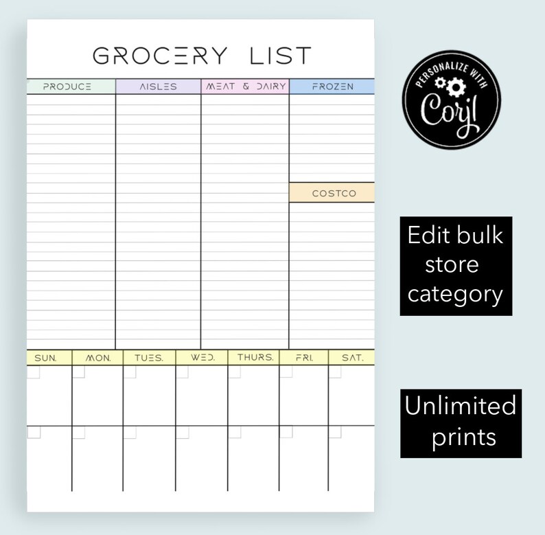 Grocery List, Meal Plan, Printable Grocery List, Dinner Plan Template ...