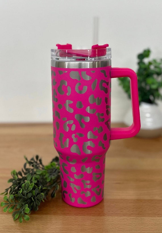 Customized Hot Pink Leopard Glitter Stanley Tumbler Pink 