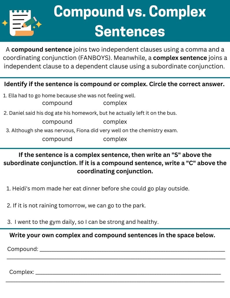 Compound Vs Complex Sentences Worksheet - Etsy