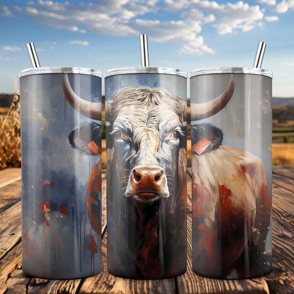 Texas Cattle Steer 20oz Tumbler Sublimation Oil Painting Farm Cow Straight and Tapered Tumbler High Resolution PNG 300 DPI Instant Download