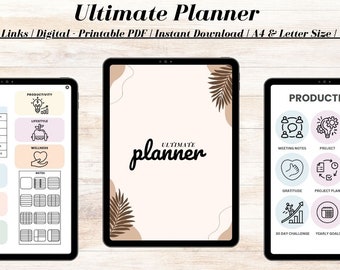 Può includere: Tre pianificatori digitali visualizzati su tablet. Il tablet di sinistra mostra un indice con mesi e categorie. Il tablet centrale mostra le parole "Ultimate Planner". Il tablet di destra mostra icone di produttività. Il testo dell'immagine dice "Ultimate Planner".