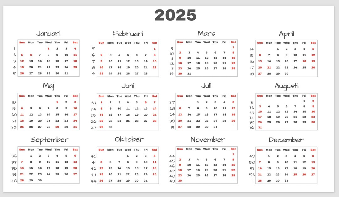 2025 Kalender Med R da Dagar Och Veckonummer Etsy 2025-kalender-med-r-da-dagar-och-veckonummer-etsy